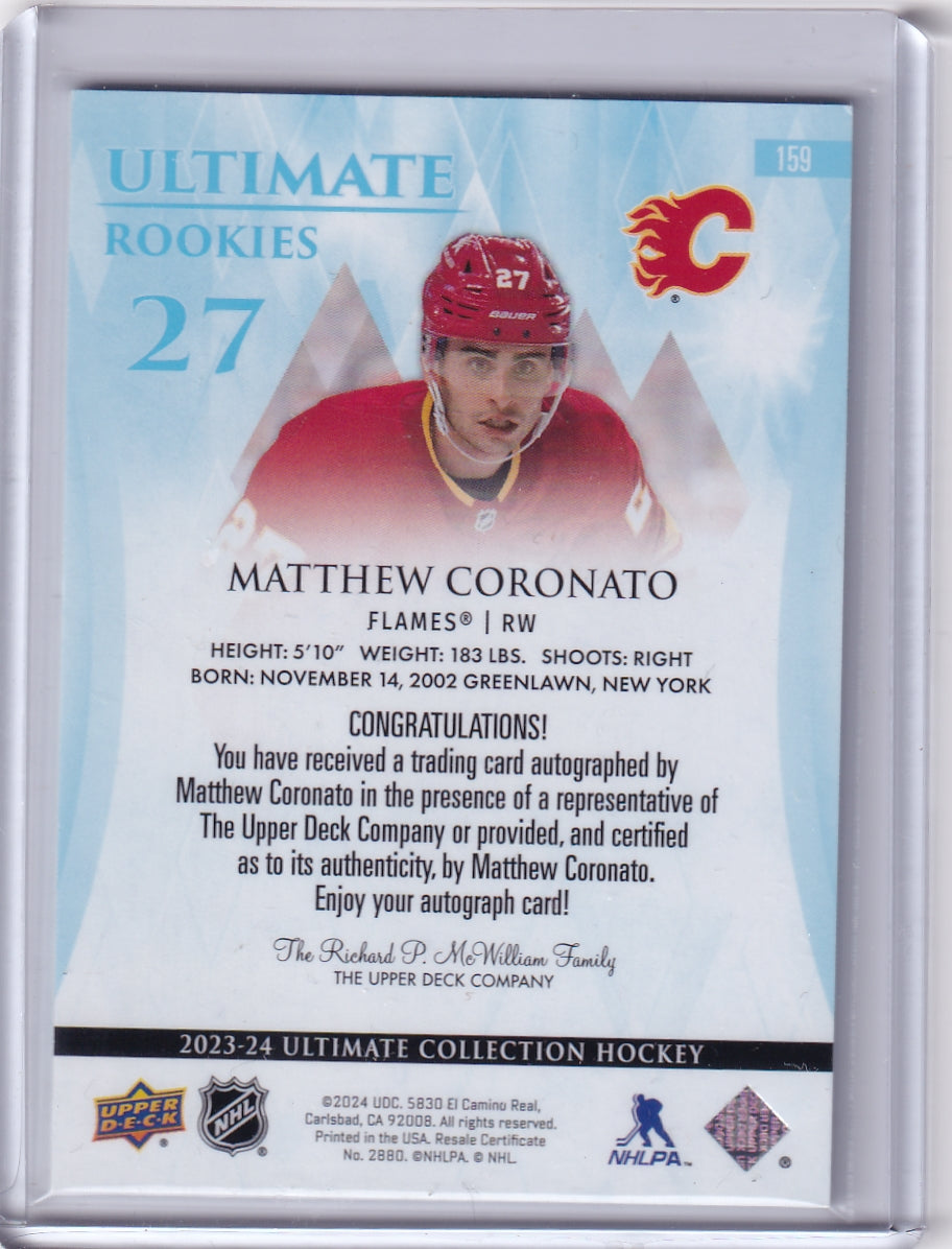 Matthew Coronato Ultimate Rookies Auto Card /299 #159 2023-24 Upper deck Ultimate Collection Rookie Card RC Calgary Flames