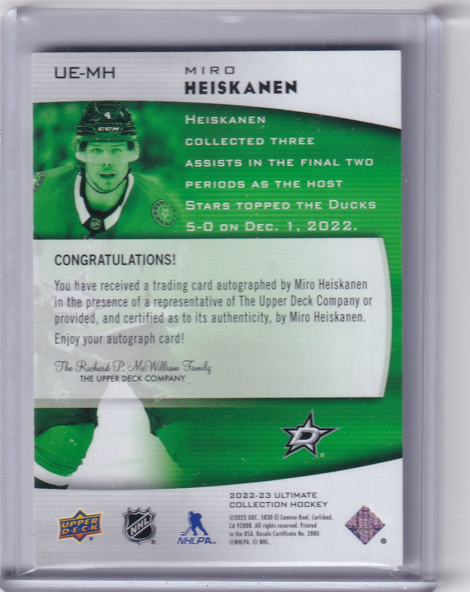 Miro Heiskanen Ultimate Emblems Gold Auto /49 Card UE-MH 2022-23 Upper Deck Ultimate Collection Dallas Stars (2023-24 Update)