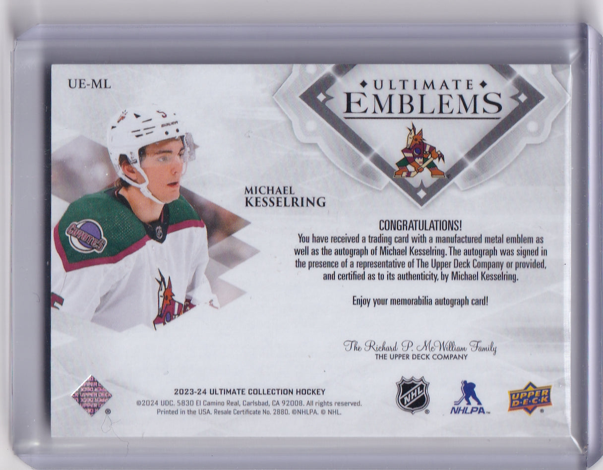 Michael Kesselring Ultimate Emblems Rookie Auto Card UE-ML 2023-24 Upper Deck Ultimate Collection Rookie Card RC Arizona Coyotes
