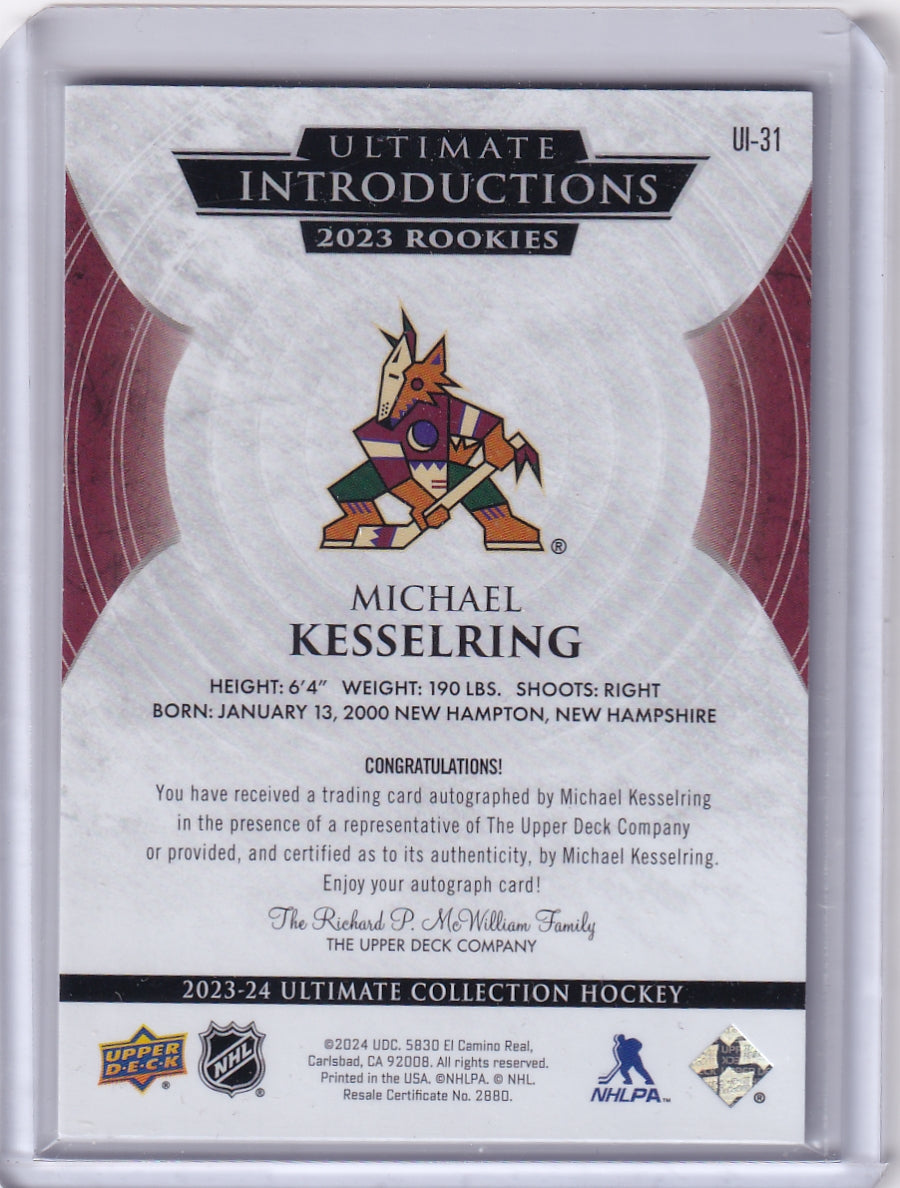 Michael Kesselring Ultimate Introductions Rookie Auto Card UI-31 2023-24 Upper Deck Ultimate Collection Rookie Card RC Arizona Coyotes