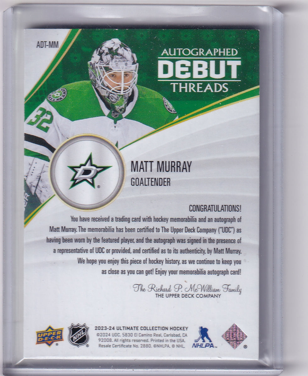 Matt Murray Autographed Debut Threads Rookie Patch Auto RPA /99 Card ADT-MM 2023-24 Upper Deck Ultimate Collection Rookie Card RC Dallas Stars