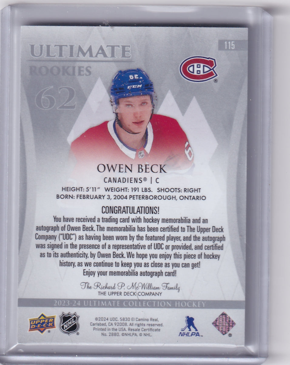 Owen Beck Ultimate Rookie Patch Auto RPA /15 Card #115 2023-24 Upper Deck Ultimate Collection Rookie Card RC Montreal Canadiens