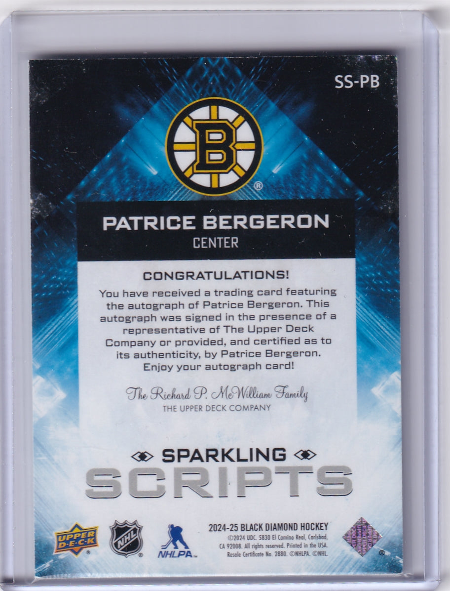 Patrice Bergeron Sparking Scripts Auto SS-PB 2024-25 Upper Deck Black Diamond Boston Bruins