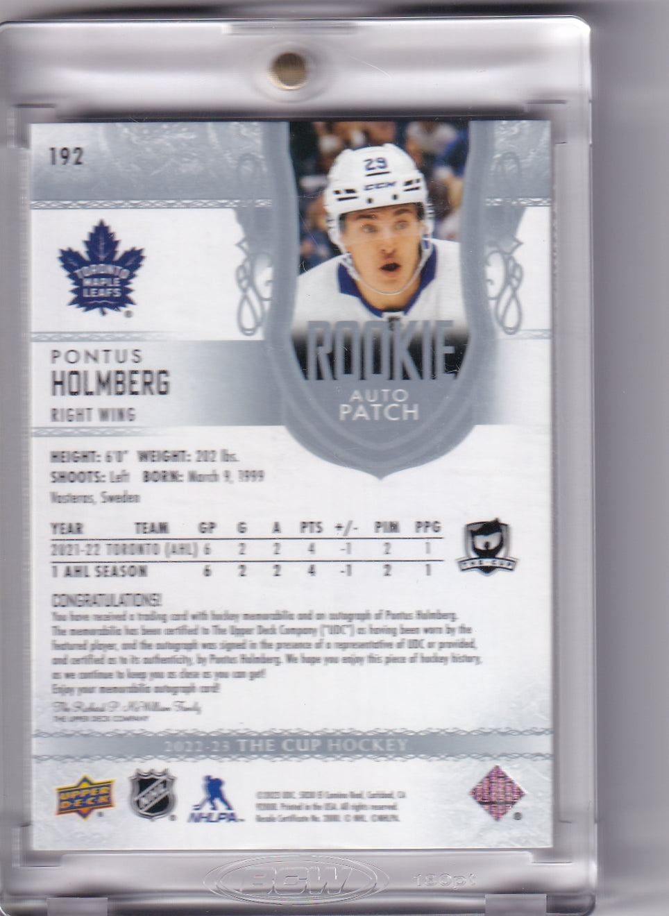 Pontus Holmberg Rookie Patch Auto /249 #192 2022-23 Upper Deck The Cup Rookie Card RC Toronto Maple Leafs
