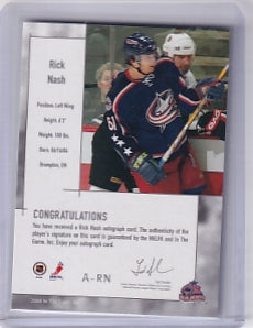 Rick Nash In The Game Used Signature Series Auto Card A-RN 2003-04 In The Game Used Columbus Blue Jackets