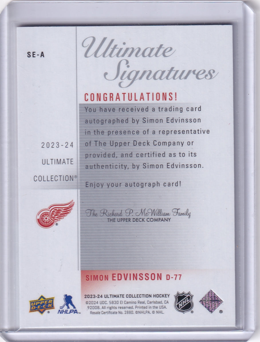 Simon Edvinsson Ultimate 03-04 Retro Signatures Rookie Auto /65 Card SE-A 2023-24 Upper Deck Ultimate Collection Rookie Card RC Detroit Red Wings