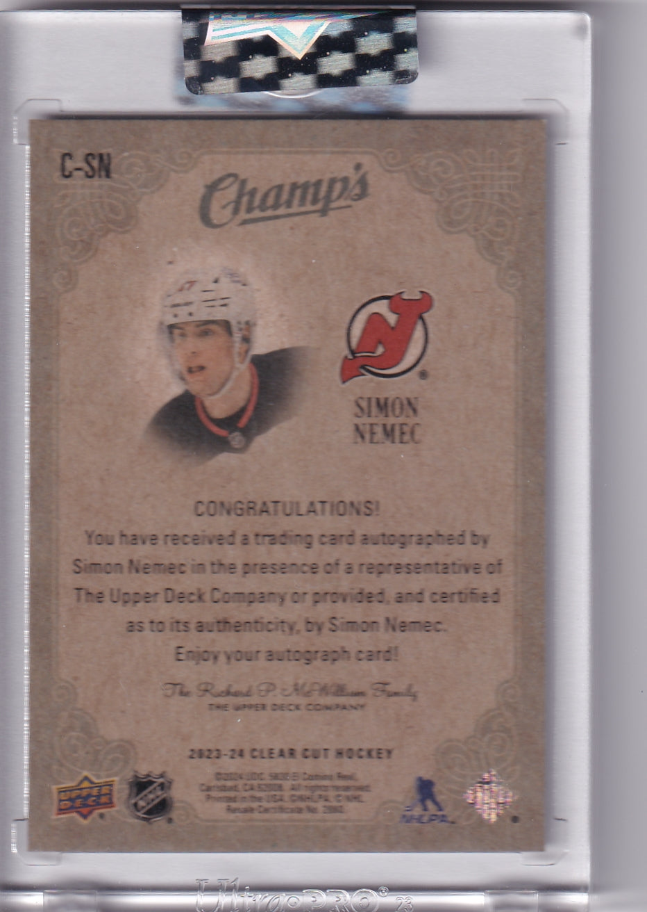 Simon Nemec Champs Rookie Auto C-SN 2023-24 Upper Deck Clear Cut New Jersey Devils Rookie Card RC