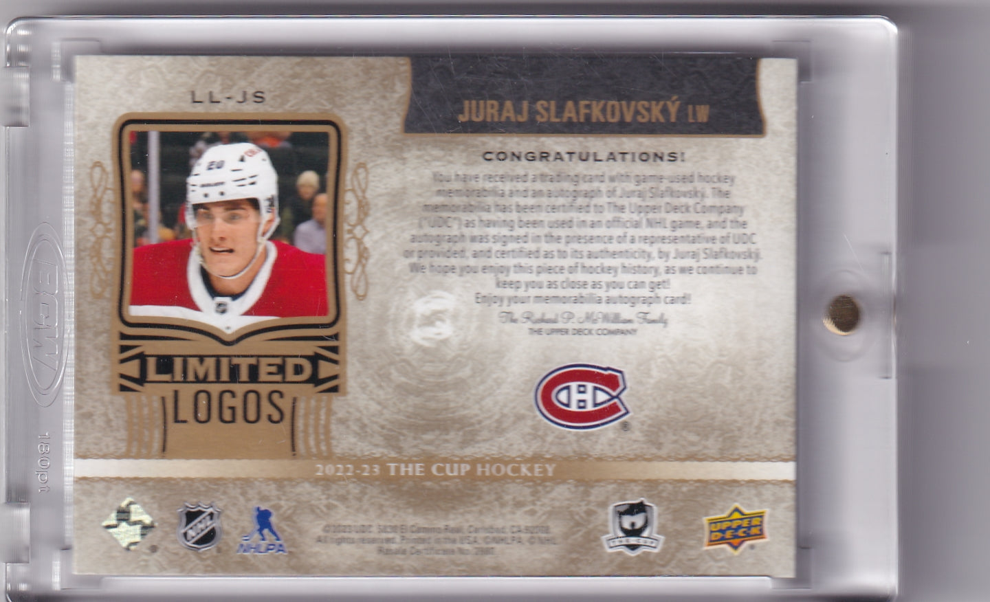 Juraj Slafkovsky Limited Logos Rookie Patch Auto /50 Rookie Card RC #LL-JS 2022-23 UD The Cup Montreal Canadiens