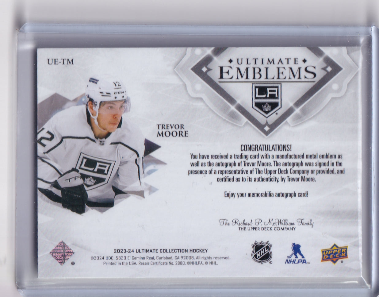 Trevor Moore Ultimate Emblems Auto Card UE-TM 2023-24 Upper Deck Ultimate Collection Los Angeles Kings