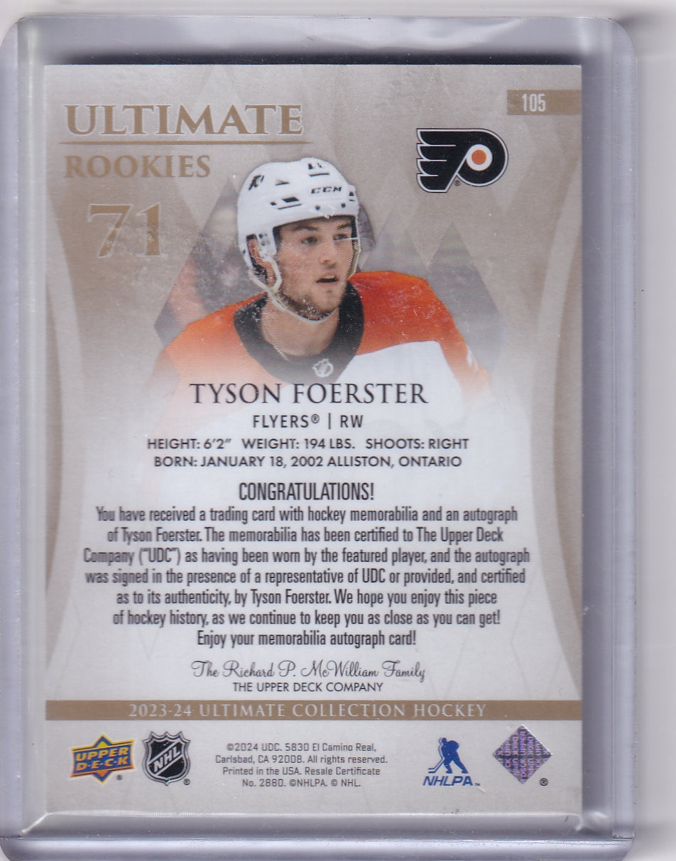 Tyson Foerster Ultimate Rookie Patch Auto RPA /99 Card #105 2023-24 Upper Deck Ultimate Collection Rookie Card RC Philadelphia Flyers