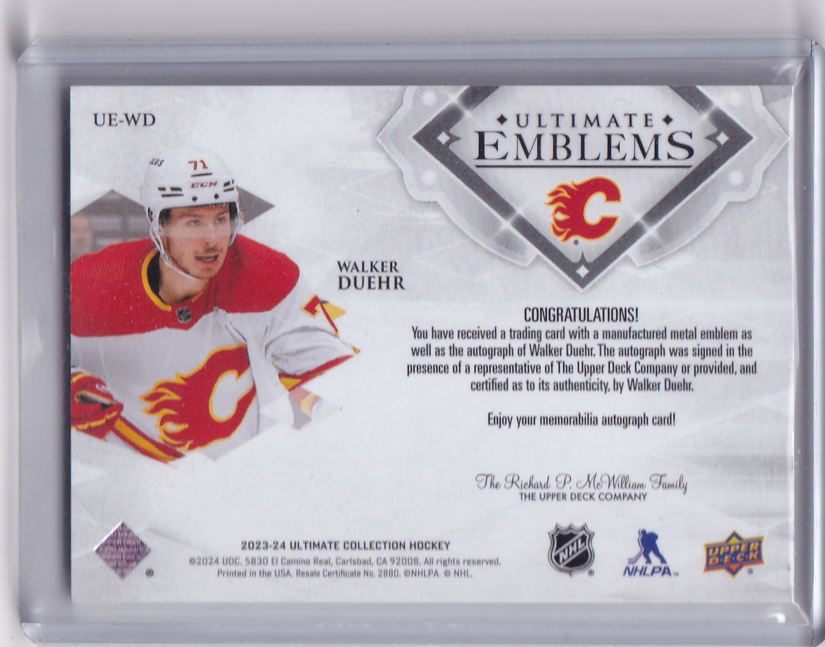 Walker Duehr Ultimate Emblems Rookie Auto Card UE-WD 2023-24 Upper Deck Ultimate Collection Rookie Card RC Calgary Flames