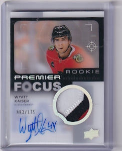 Wyatt Kaiser Premier Focus Rookie Patch Auto 063/175 Card PFR-WK 2023-24 Upper Deck Premier Rookie Card RC Chicago Blackhawks