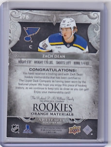 Zach Dean Rookie Orange Materials Dual Fight Strap 15/15 Card #178 2024-25 Upper Deck Artifacts Rookie Card RC St. Louis Blues