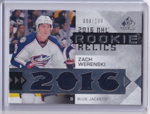 Zach Werenski Rookie Relics 008/199 Jersey Number Card RRB-ZW 2016-17 SP Game Used Rookie Card RC Columbus Blue Jackets