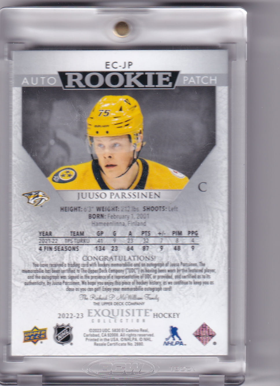 Juuso Parssinen Exquisite Collection Rookie Patch Auto /75 EC-JP 2022-23 Upper Deck The Cup Rookie Card RC Nashville Predators