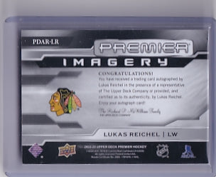 Lukas Reichel Premier Rookie Imagery 77/99 Card PDAR-LR 2022-23 Upper Deck Premier Rookie Card RC Chicago Blackhawks