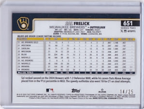 Sal Frelick Orange Big Apple Variation 14/25 Card #651 2025 Topps Series 2 (Fanatics Fest Exclusive) Milwaukee Brewers