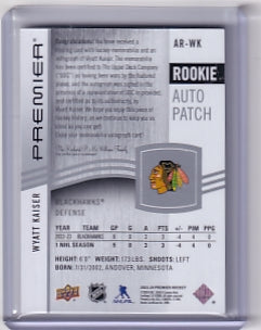 Wyatt Kaiser Premier Rookie Auto Patch 107/249 Card AR-WK 2023-24 Upper Deck Premier Rookie Card RC Chicago Blackhawks