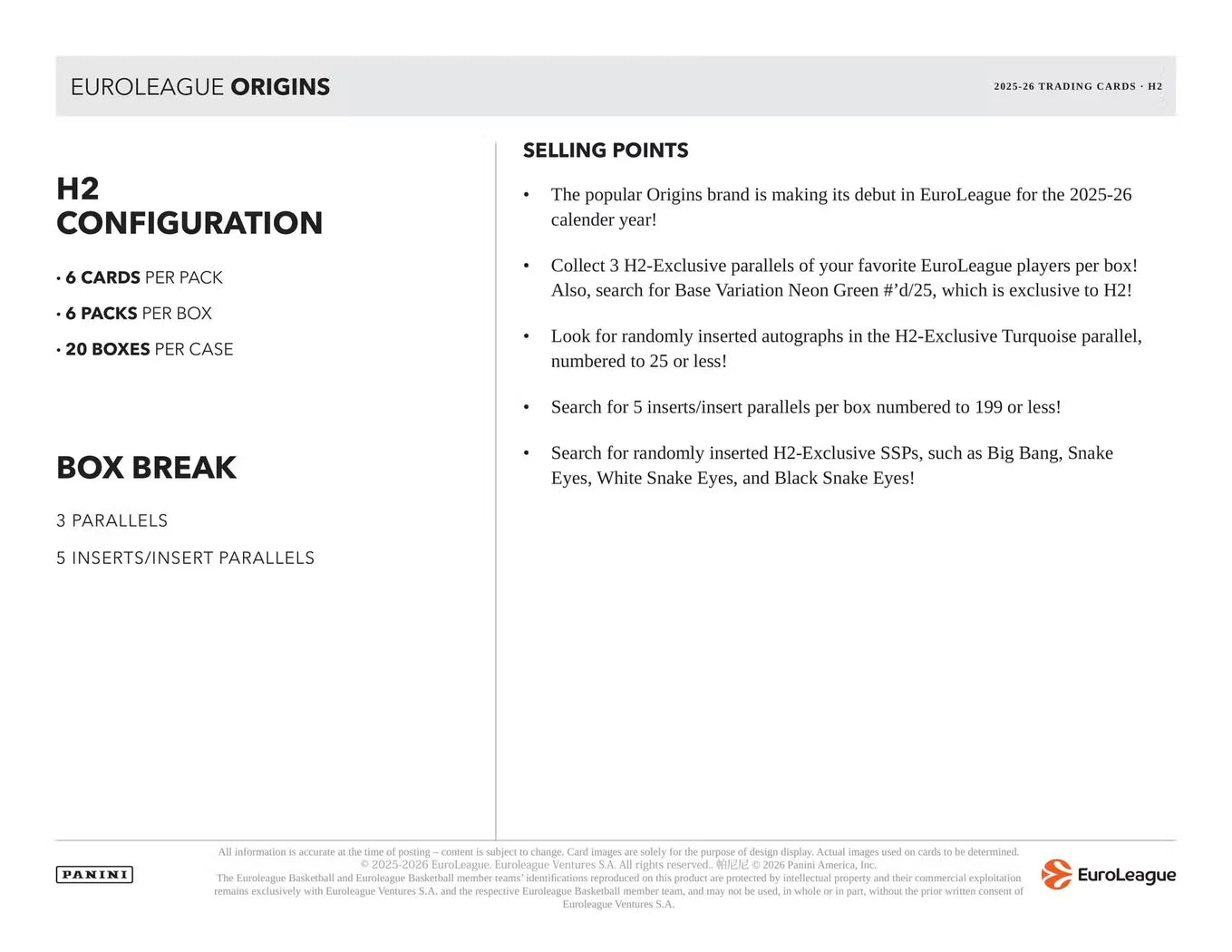 2025-26 Panini ORIGINS EUROLEAGUE Basketball H2 Box