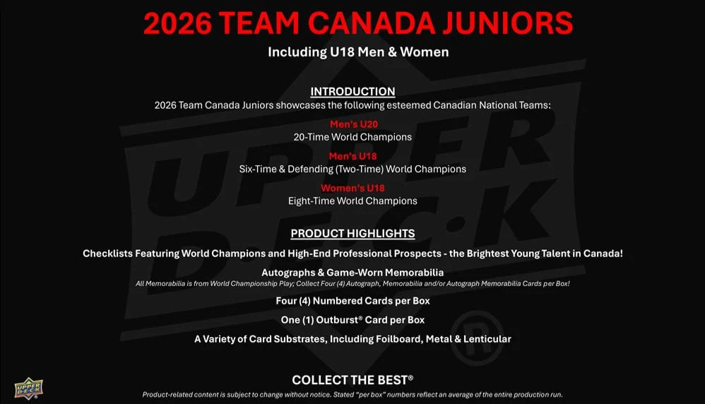 Pre Order * 2026 Upper Deck Team Canada Juniors Hobby Box - CONTACT FOR PRICING