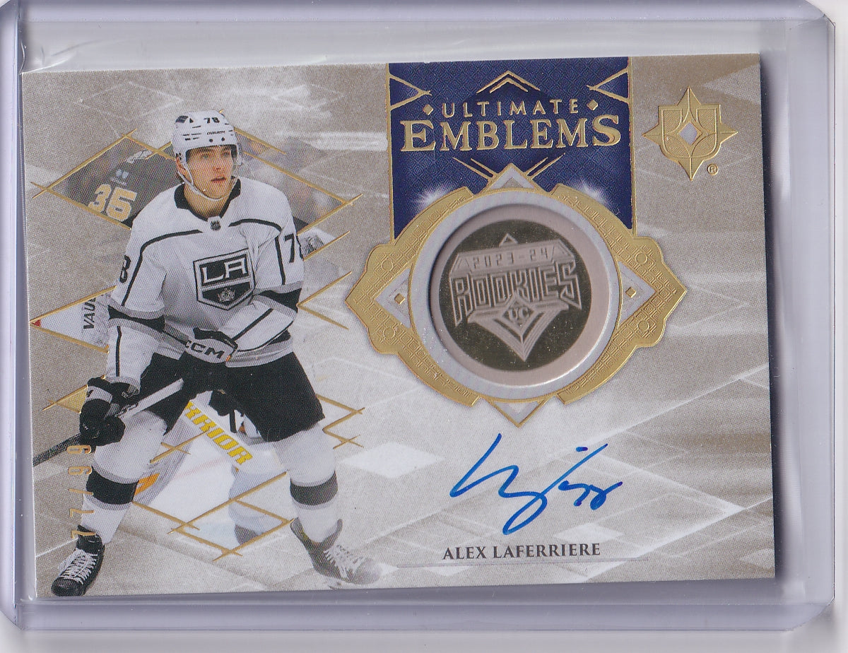 Alex Laferriere Ultimate Emblems Gold Rookie Auto /99 Card UE-AL 2023-24 Upper Deck Ultimate Collection Rookie Card RC Los Angeles Kings