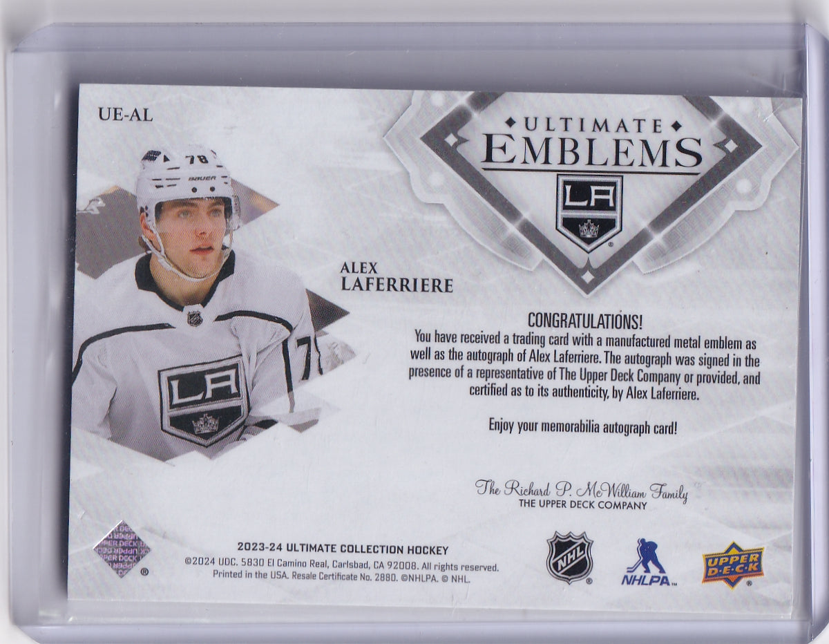 Alex Laferriere Ultimate Emblems Gold Rookie Auto /99 Card UE-AL 2023-24 Upper Deck Ultimate Collection Rookie Card RC Los Angeles Kings