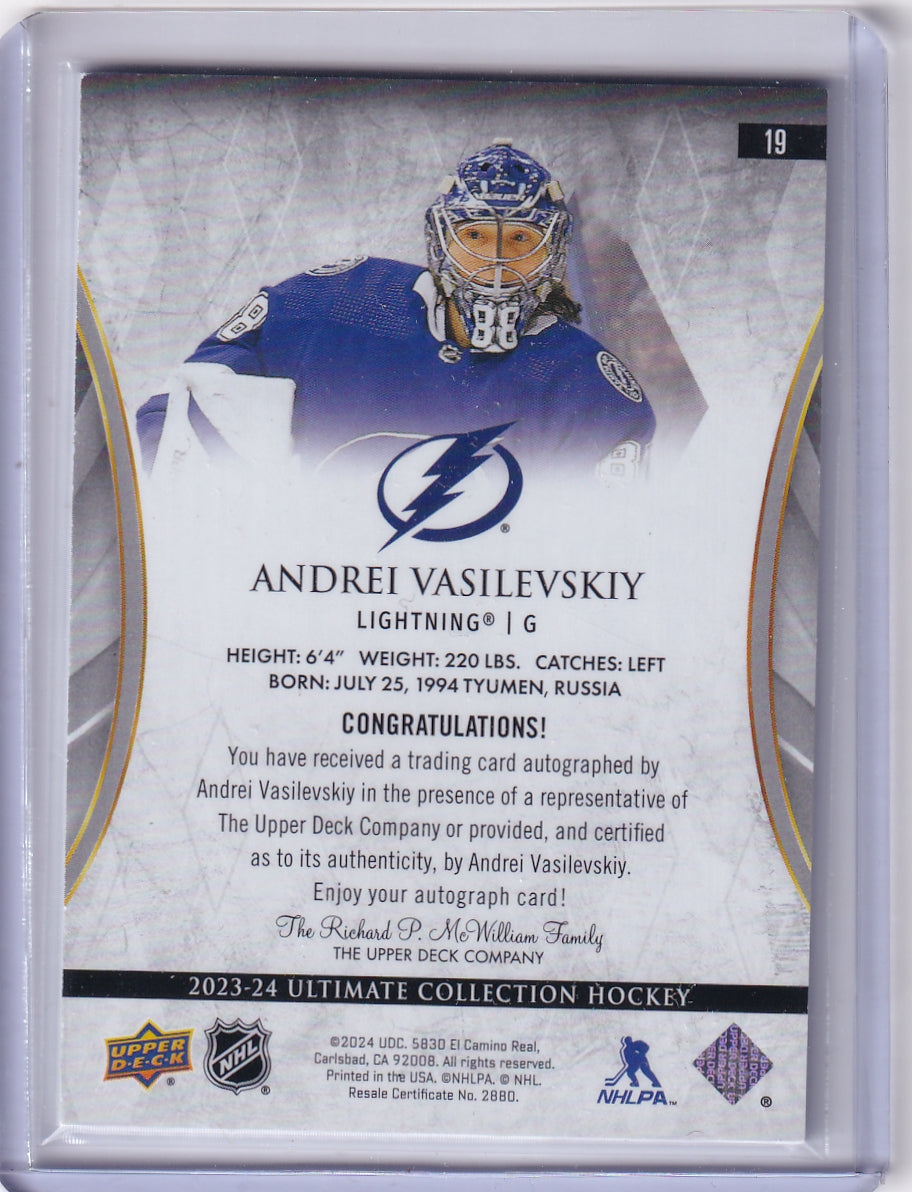 Andrei Vasilevskiy Purple Auto /5 Card #19 2023-24 Upper Deck Ultimate Collection Tampa Bay Lightning