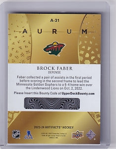 Brock Faber Rookie Aurum Card A-31 Unscratched 2023-24 Upper Deck Artifacts Rookie Card RC Minnesota Wild