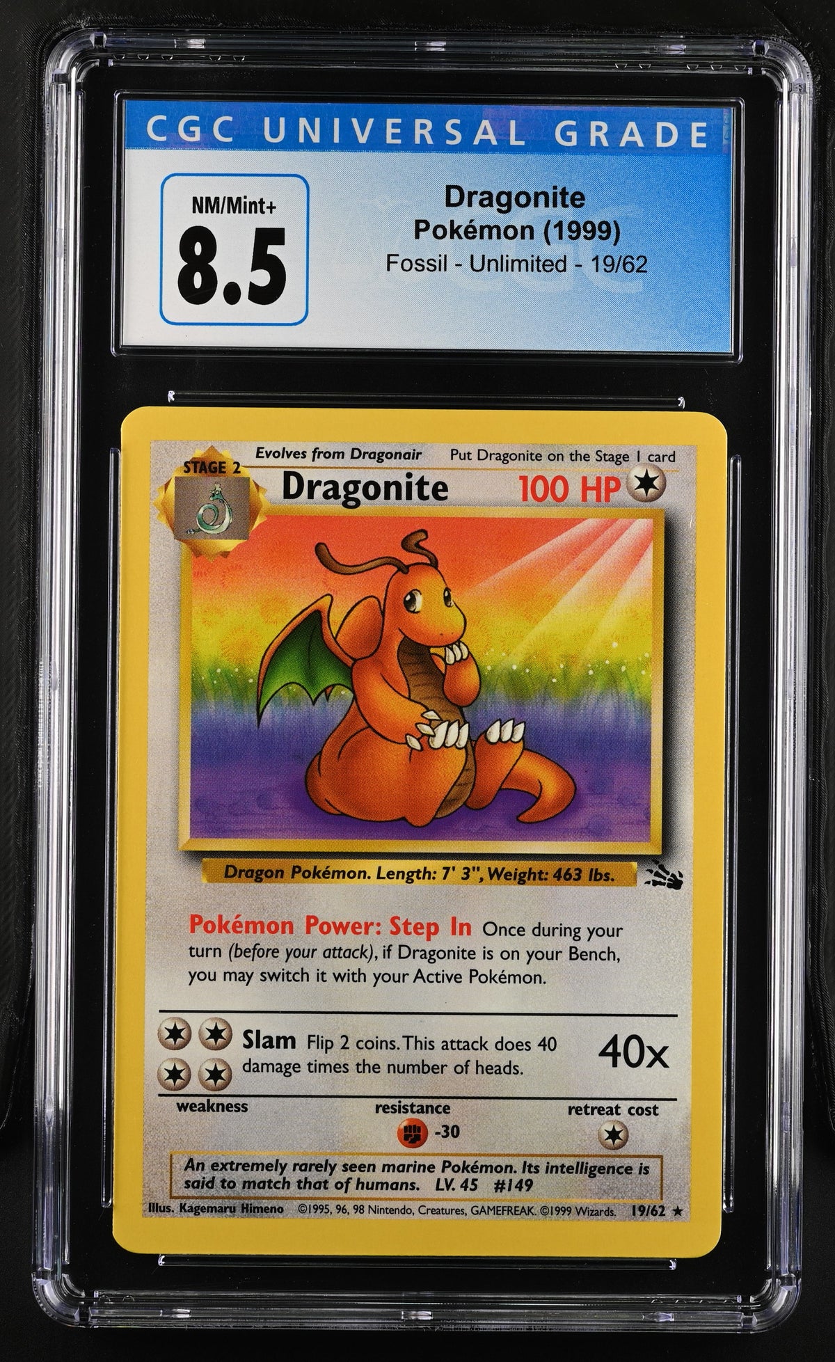 CGC NM/MINT 8.5 Dragonite Unlimited - Fossil 1999 19/62 Pokemon Card