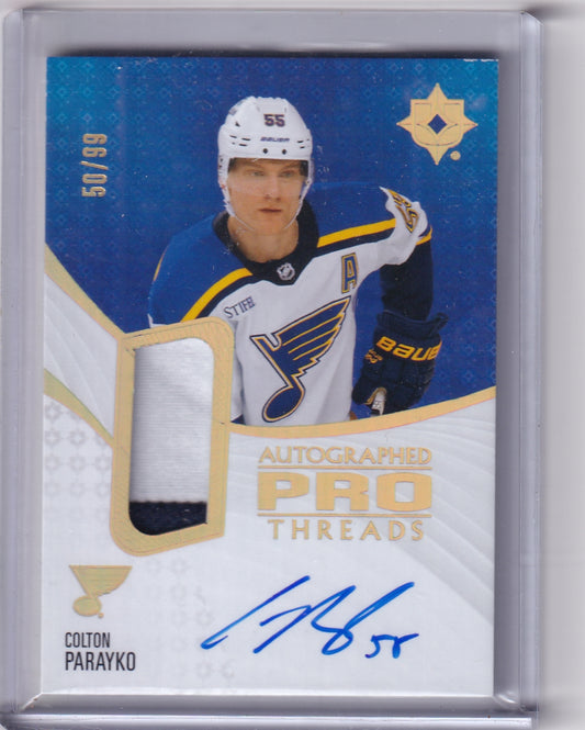 Colton Parayko Autographed Pro Threads  Patch Auto /99 PT-CP 2023-24 Upper Deck Ultimate Collection St. Louis Blues