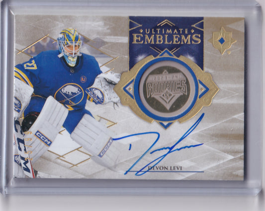 Devon Levi Ultimate Emblems Gold Rookie Auto /99 Card UE-DL 2023-24 Upper Deck Ultimate Collection Rookie Card RC Buffalo Sabres