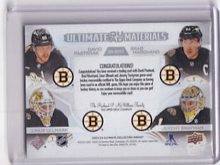 Pastrnak Marchand Ullmark Swayman Ultimate Quad Materials Jersey /65 Card QM-BOST 2023-24 Upper Deck Ultimate Collection Boston Bruins