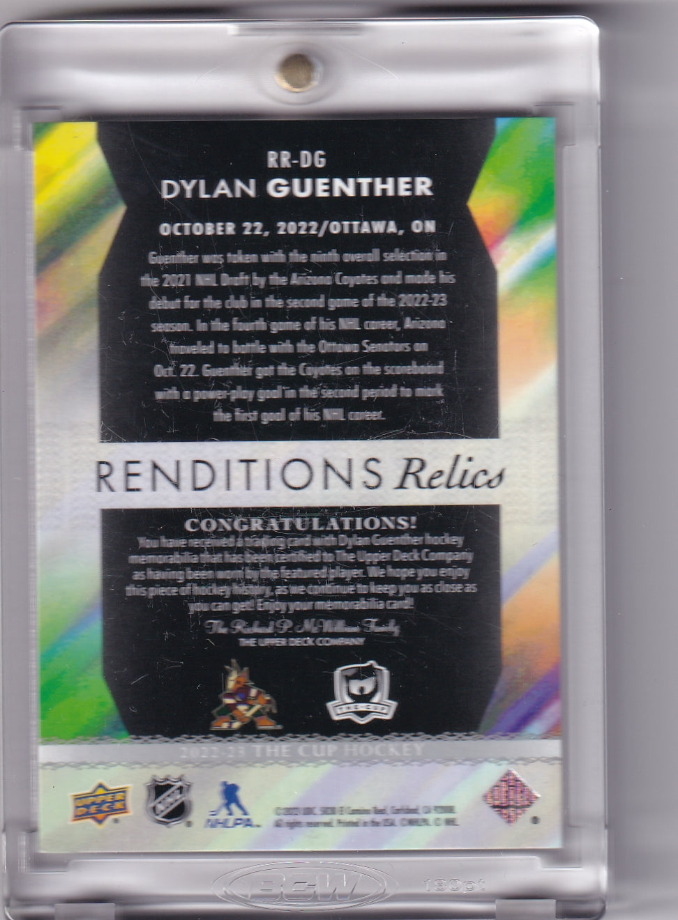 Dylan Guenther Renditions Relics RR-DG 2022-23 Upper Deck The Cup Rookie Card RC Arizona Coyotes