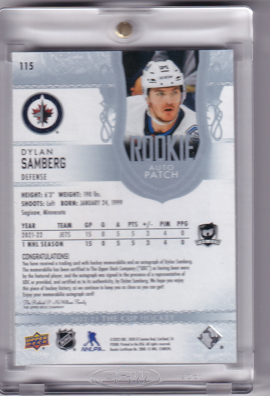 Dylan Samberg Rookie Patch Auto /249 #115 2022-23 Upper Deck The Cup Rookie Card RC Winnipeg Jets
