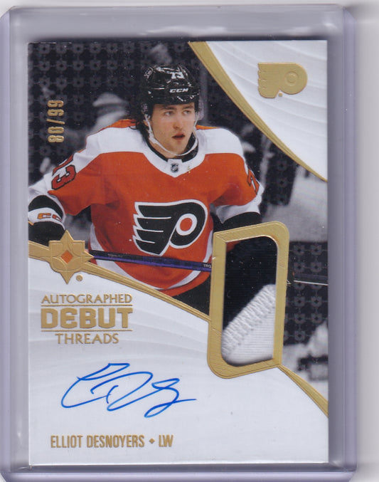 Elliot Desnoyers Autographed Debut Threads Rookie Patch Auto RPA /99 Card ADT-ED 2023-24 Upper Deck Ultimate Collection Rookie Card RC Philadelphia Flyers