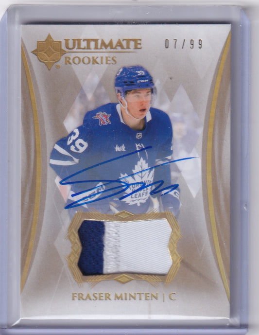 Fraser Minten Ultimate Rookie Patch Auto RPA /99 Card #108 2023-24 Upper Deck Ultimate Collection Rookie Card RC Toronto Maple Leafs