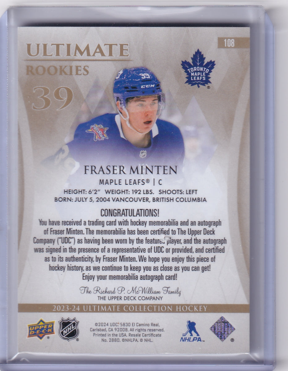 Fraser Minten Ultimate Rookie Patch Auto RPA /99 Card #108 2023-24 Upper Deck Ultimate Collection Rookie Card RC Toronto Maple Leafs