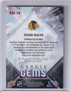 Frank Nazar Rookie Gems Auto 35/49 Card RGS-FN 2024-25 Upper Deck Black Diamond Rookie Card RC Chicago Blackhawks
