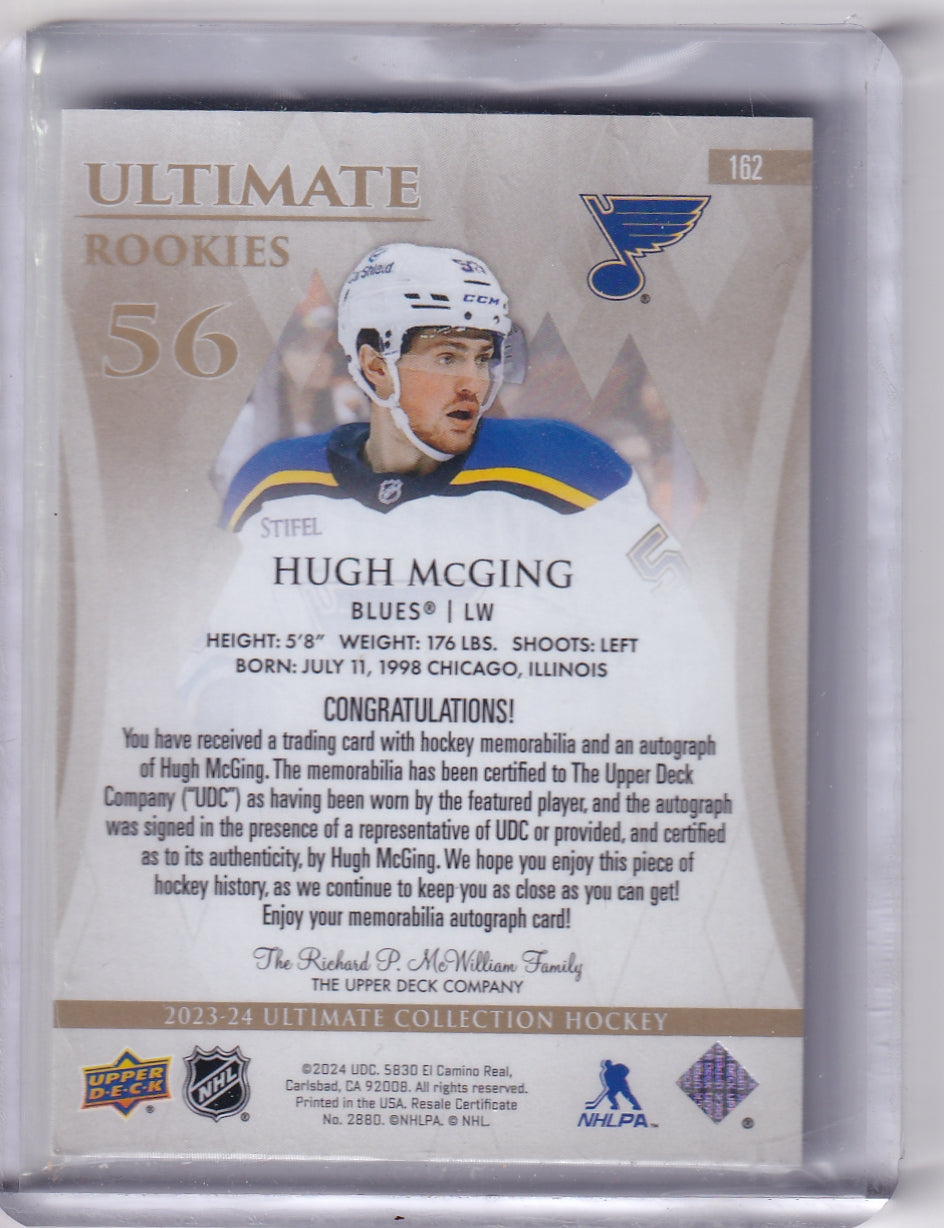 Hugh McGing Ultimate Rookie Patch Auto RPA /99 Card #162 2023-24 Upper Deck Ultimate Collection Rookie Card RC St. Louis Blues