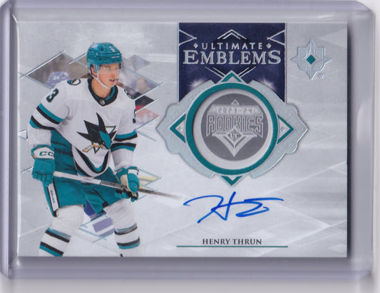 Henry Thrun Ultimate Emblems Rookie Auto Card UE-HT 2023-24 Upper Deck Ultimate Collection Rookie Card RC San Jose Sharks