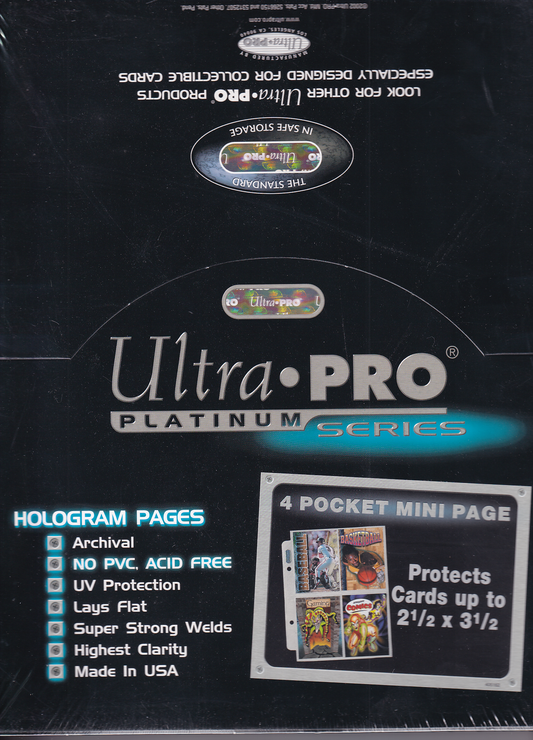 4 pocket Mini Pages - Sports Cards- For 2 Ring Mini Binders - 100 Pages  - Ultra Pro