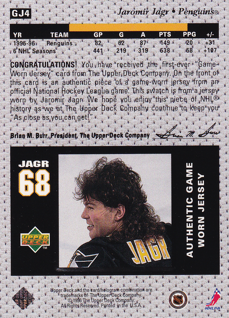 JAROMIR JAGR 1996-97 Upper Deck UD Game Jersey GJ4 Pittsburgh Penguins