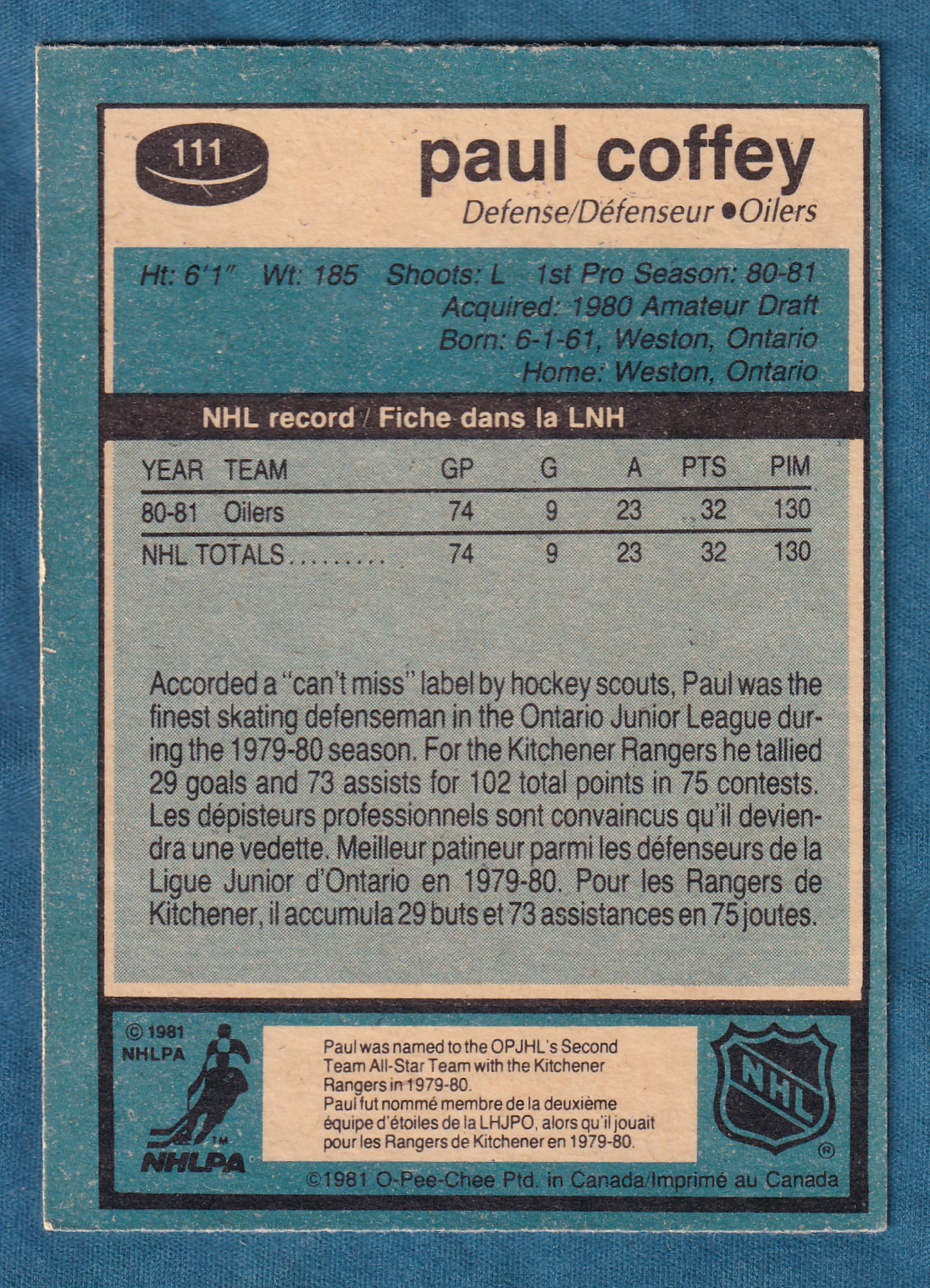 PAUL COFFEY 1981-82 O-Pee-Chee Rookie Card #111 Edmonton Oilers OPC RC