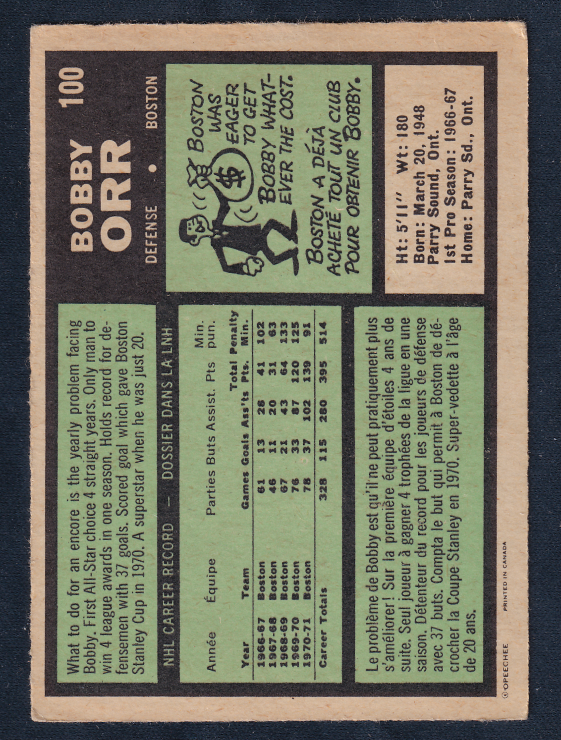 Bobby Orr 1971-72 O-Pee-Chee Card #100 Boston Bruins OPC