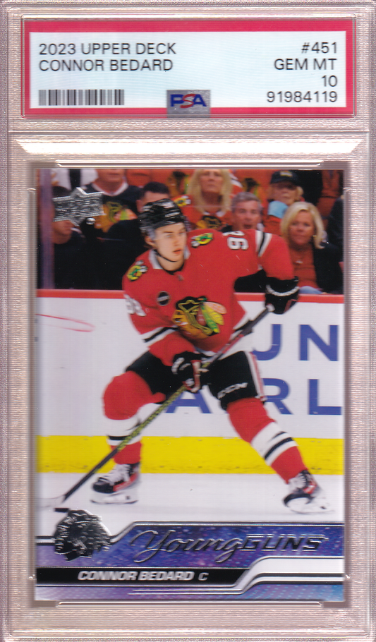 Connor Bedard 2023-24 Upper Deck UD Young Guns Rookie Card RC #451 PSA 10 Chicago Blackhawks