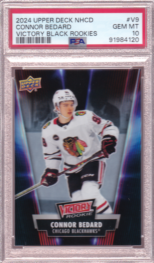 Connor Bedard 2024 Upper Deck Victory Black PSA 10 Rookie Card Chicago Blackhawks National Hockey Card Day RC