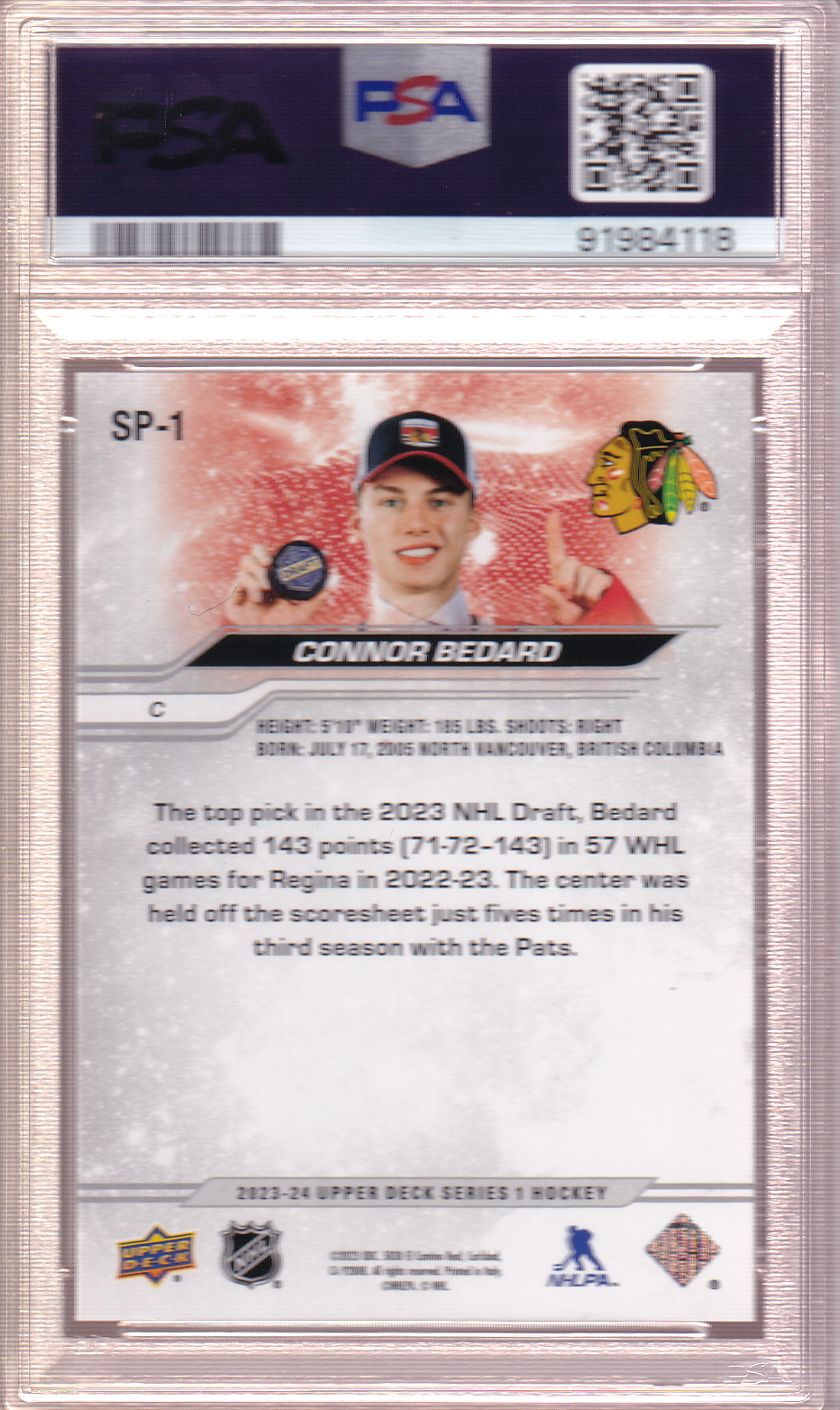 Connor Bedard 2023-24 Upper Deck UD SP-1 Rookie Card RC PSA 10 Chicago Blackhawks