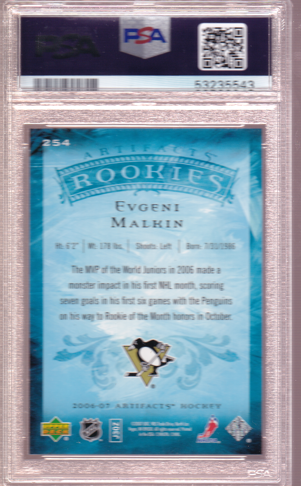 Evgeni Malkin 2006-07 UD Artifacts /599 Rookie Card RC #254 PSA 10 Pittsburgh Penguins