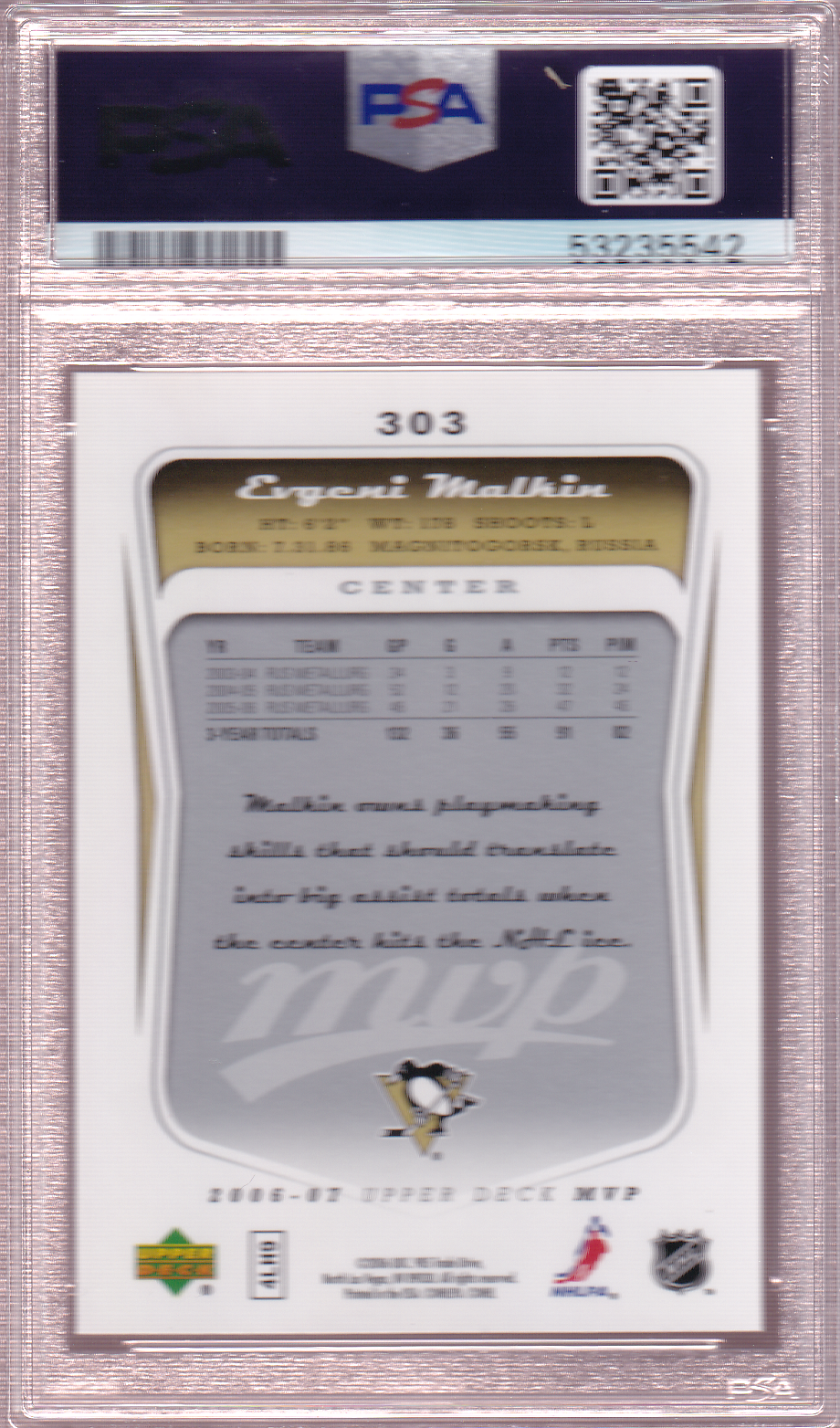 Evgeni Malkin 2006-07 UD MVP Rookie Card RC #303 PSA 10 Pittsburgh Penguins