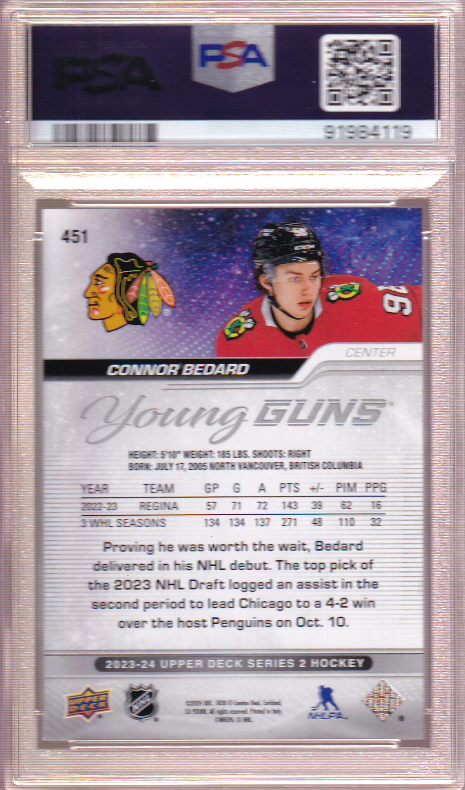 Connor Bedard 2023-24 Upper Deck UD Young Guns Rookie Card RC #451 PSA 10 Chicago Blackhawks